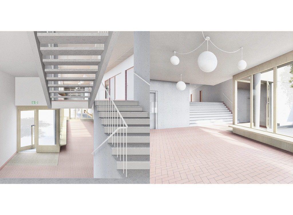Neues Treppenhaus und Foyer/Pausenhalle und Verbindung zu Mehrzweckgebäuude