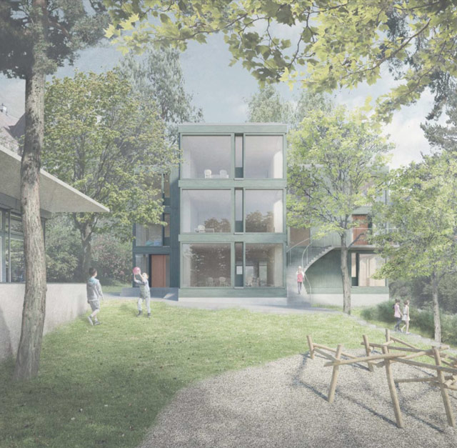 Siegerprojekt offener Wettbewerb Neubau Tagesbetreuung Hebel, Visualisierung Schaub Zwicky Architekten @nightnurse