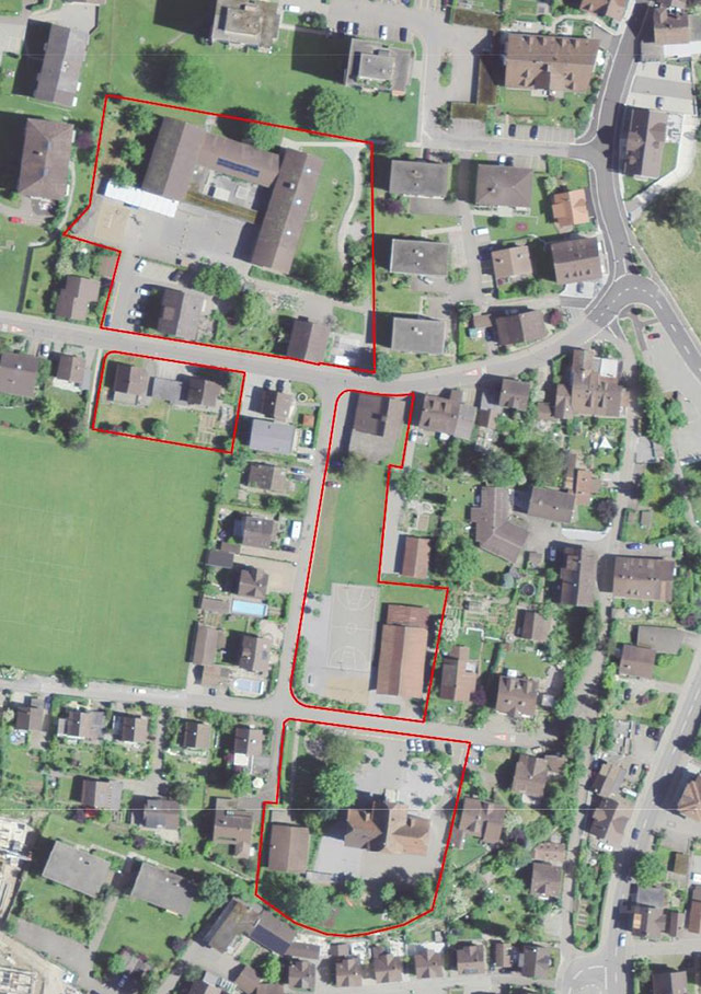 Luftbild/Perimeter Schulanlage Bogenacker - Tannenbühl, Dürnten, ZH